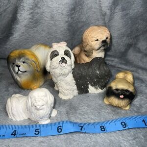 Estate Vintage Pekingese Dog Lot Of 5 Sculptures- Wood ,Sandcast ,Porcelain+‎